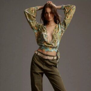 NWT Anthropologie Tiny Wrap Top V-Neck Long-Sleeve Floral Boho Blouse Size XS